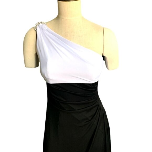 Alex Evenings One Shoulder Formal Maxi Dress Black White Rhinestone Sz4 #207D - Picture 3 of 10